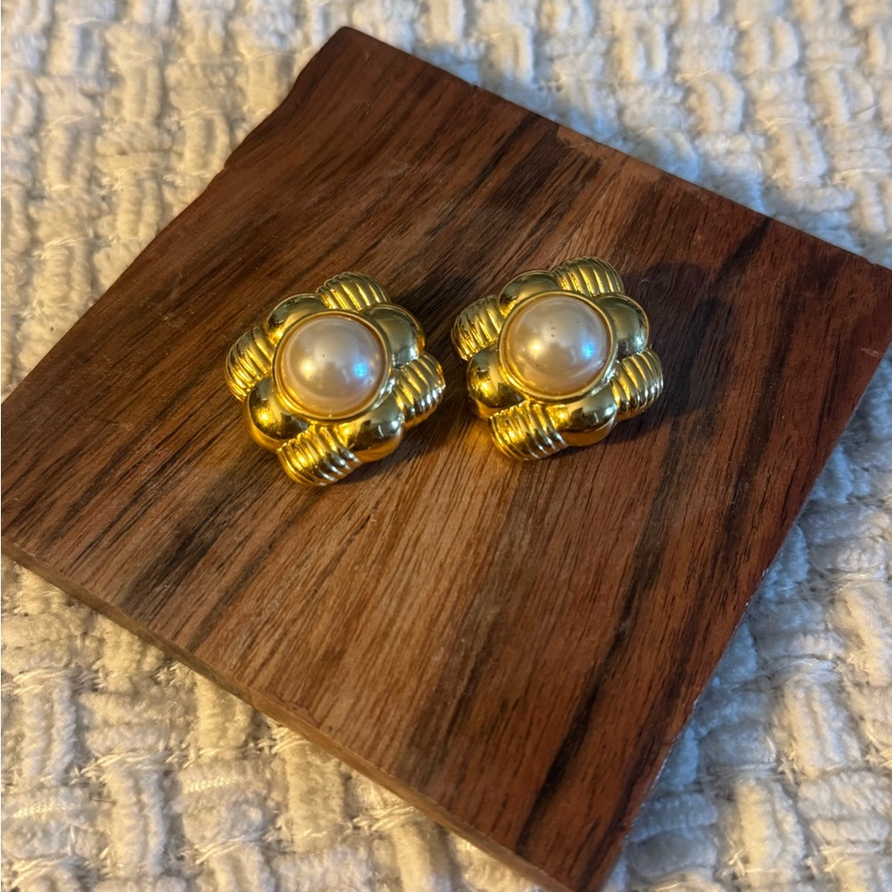 Gold and Pearl Clip-On Earrings